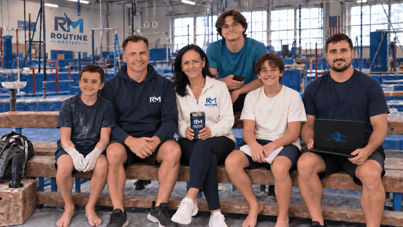 The Routine Mastery family seated together on the bleachers of a gymnastics gym