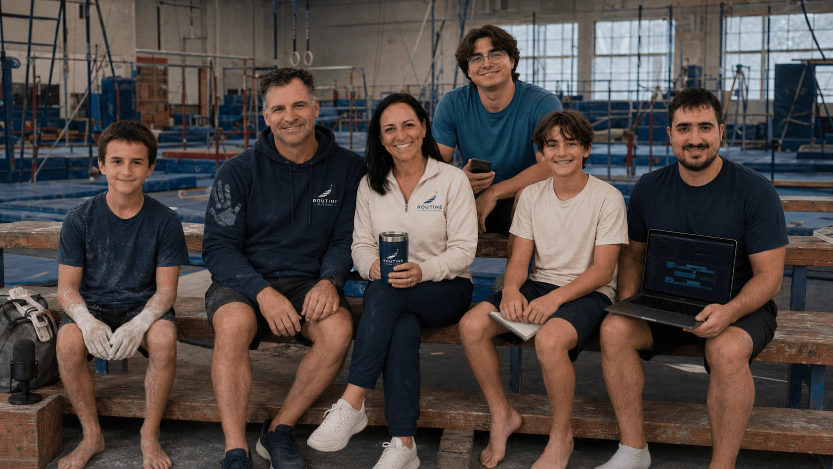 The Routine Mastery family seated together on the bleachers of a gymnastics gym