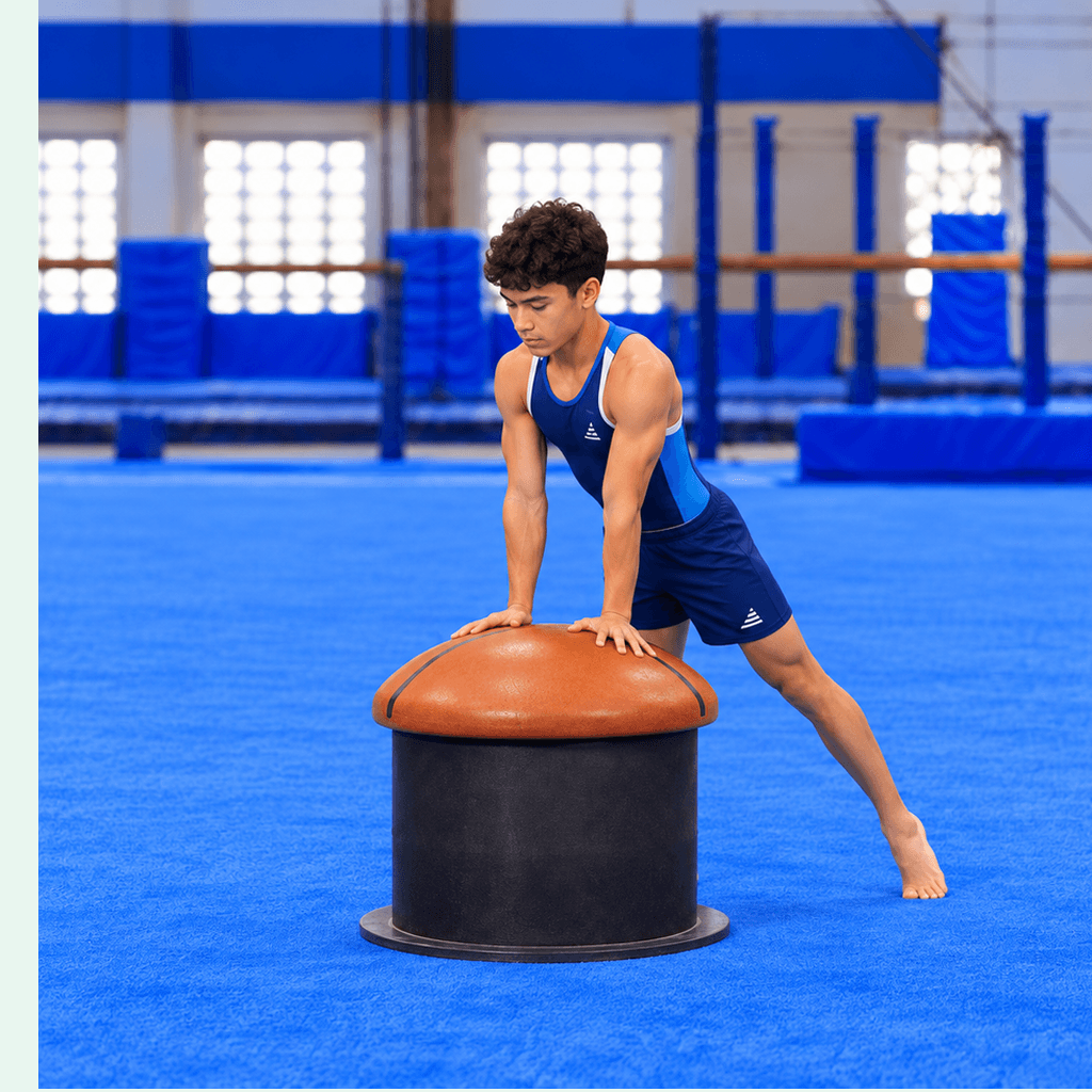 Image 1: Hands set on the mushroom. The gymnast supports their weight on their hands before the legs circle around.